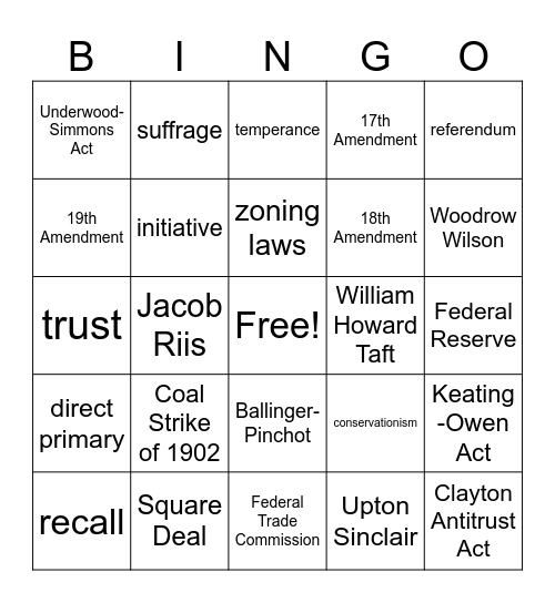 Progressive Era Bingo Card