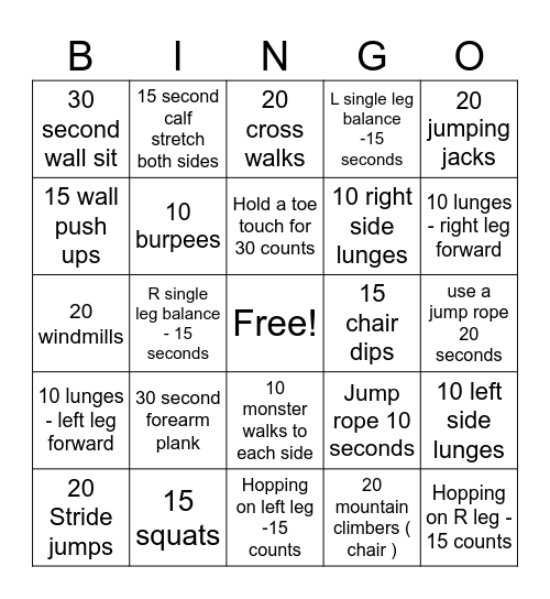 gross motor for teens Bingo Card