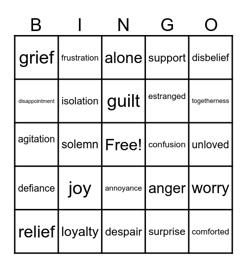 Family Feelings Bingo Card