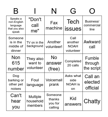 NOAH Phonebank Bingo Card