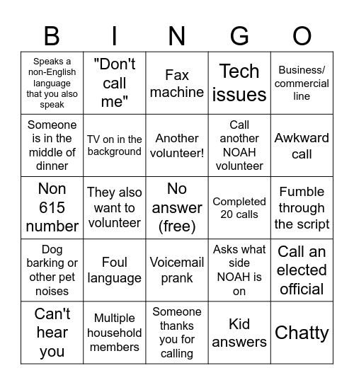 NOAH Phonebank Bingo Card