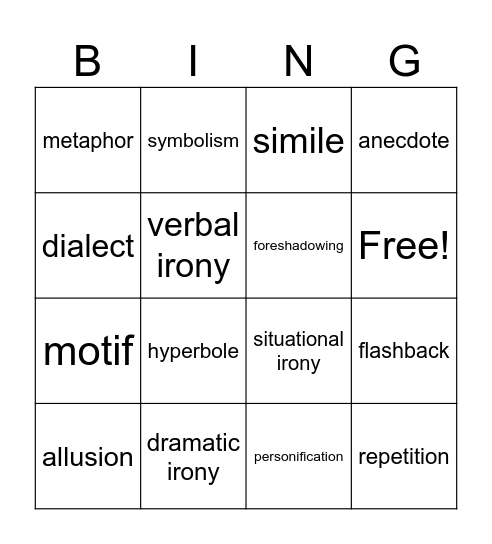 ENG 2 LIT: LITERARY DEVICES Bingo Card