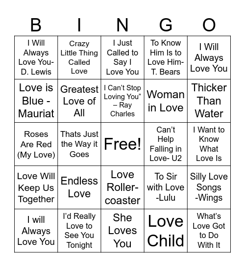 Songs about Love Bingo Card