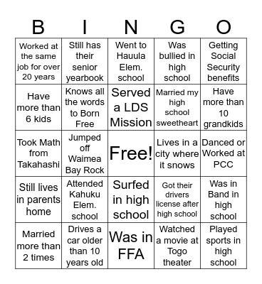 40th Kahuku Class of 1976 Reunion  Bingo Card