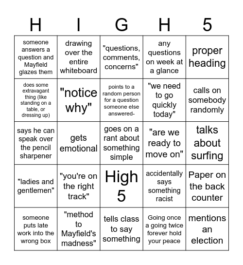 Mayfield Bingo Card