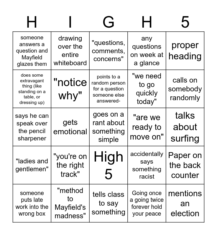 Mayfield Bingo Card