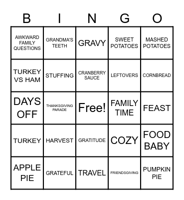 Vonazon's Ultimate Thanksgiving Bingo Card