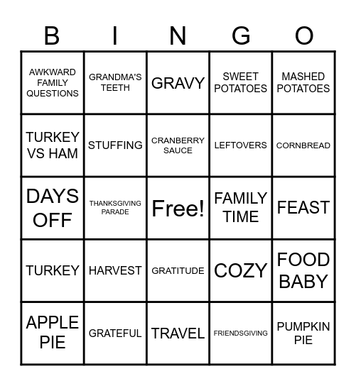 Vonazon's Ultimate Thanksgiving Bingo Card