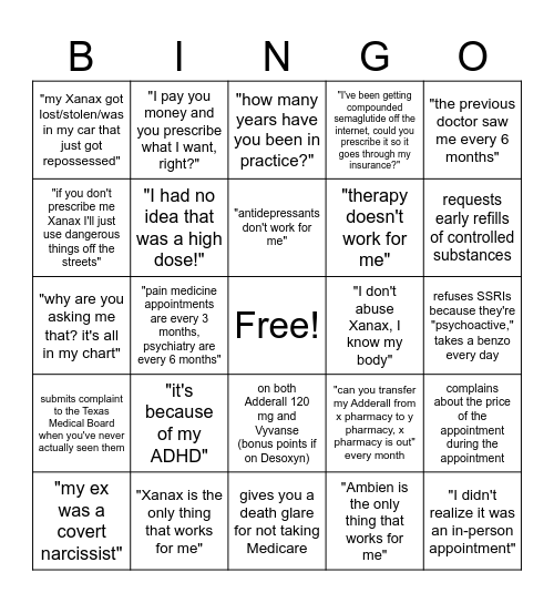 psychiatry on bee caves rd BINGO Card