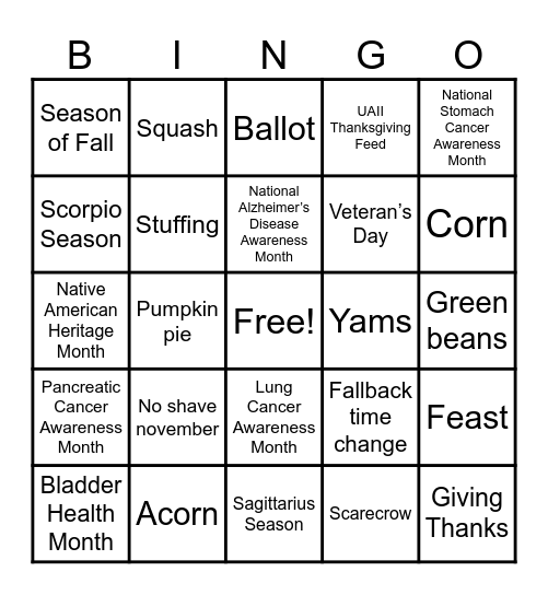 UAII November BINGO Card