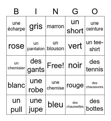 French Vocabulary Bingo Card