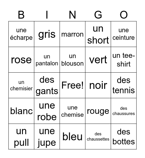 French Vocabulary Bingo Card