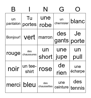 French Vocabulary Bingo Card