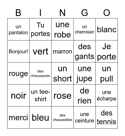 French Vocabulary Bingo Card