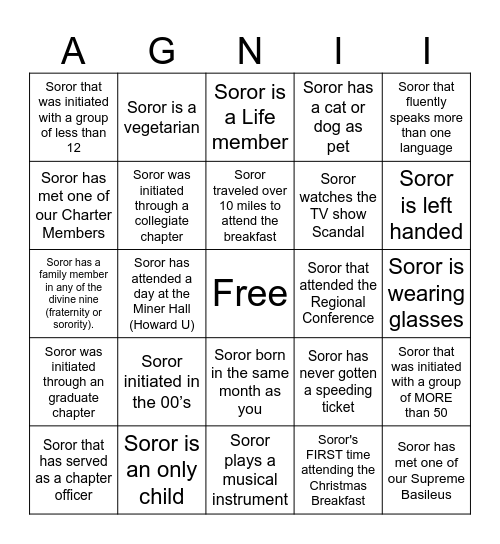 Sisterhood Bingo Card