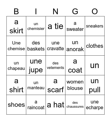 FR 2 LES VETEMENTS Bingo Card