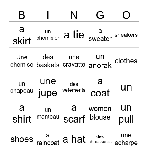 FR 2 LES VETEMENTS Bingo Card