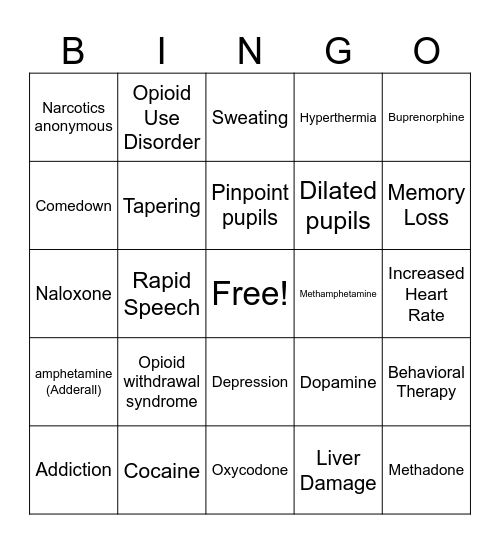 Opioid Use and CNS Stimulant Use Disorder Bingo Card