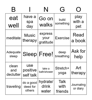 Stress Management Bingo Card