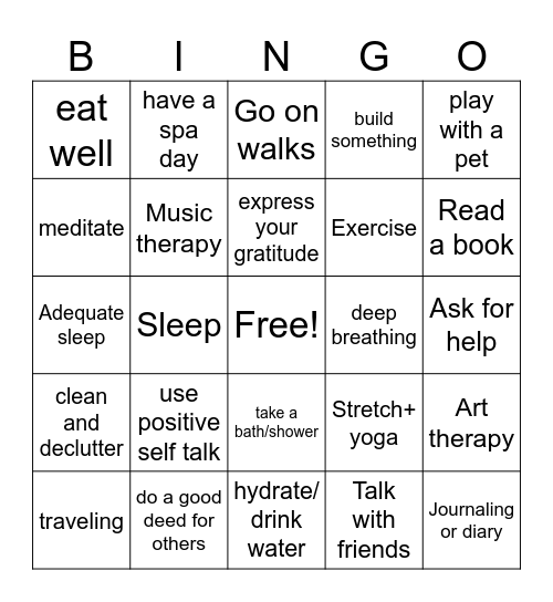 Stress Management Bingo Card