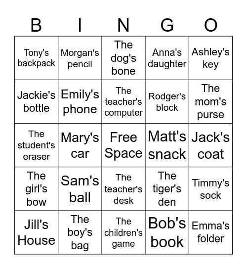 Possessive Noun Bingo Card