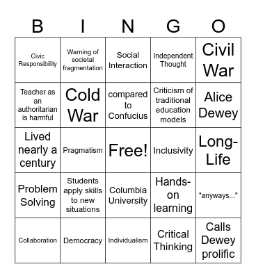 Dewey Bingo Card