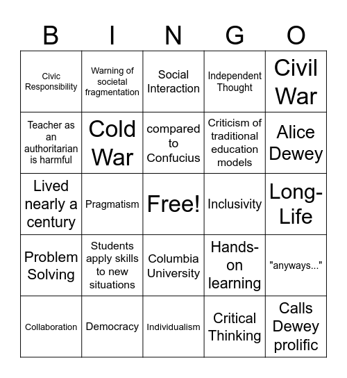 Dewey Bingo Card