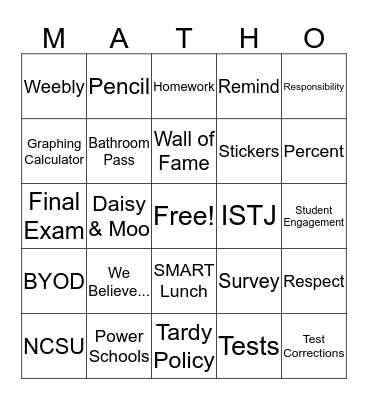 Back to School MATHO! Bingo Card