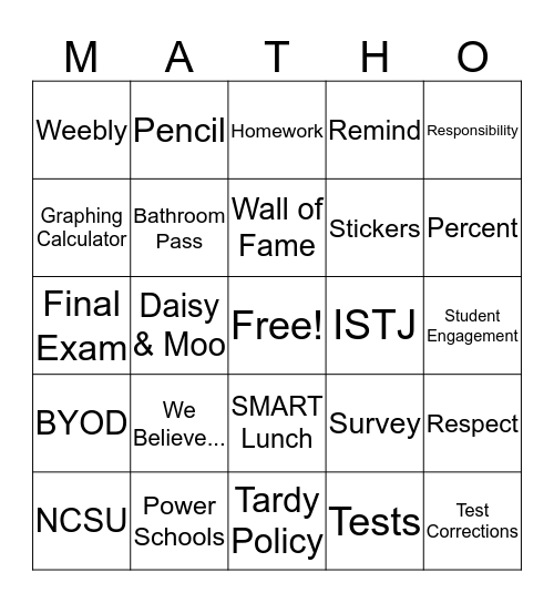 Back to School MATHO! Bingo Card