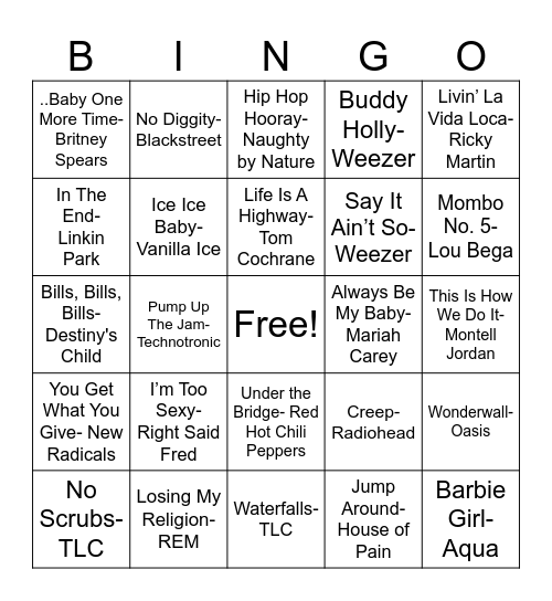 90s - Musical Bingo Card