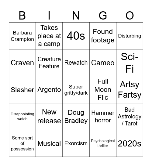 Horror Movie Bingo Card