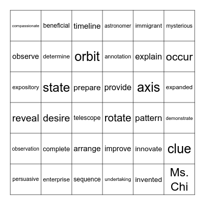 Vocab for 4th Bingo Card