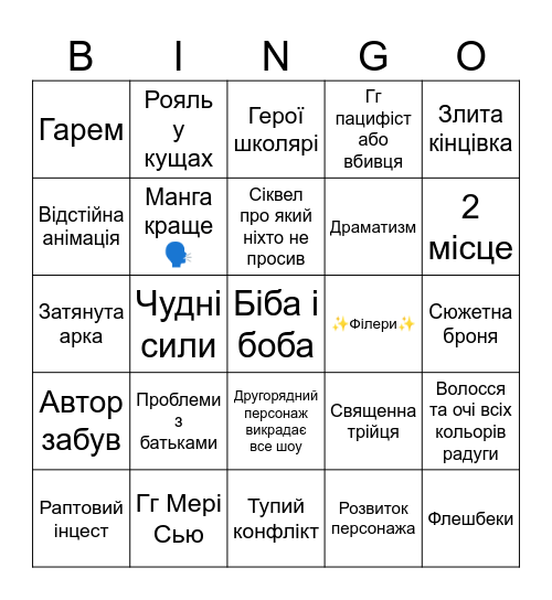 Аніме Bingo Card
