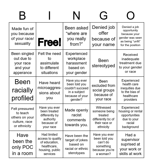 Discrimination Bingo (Sledge) Bingo Card