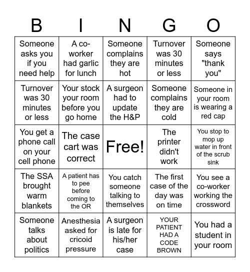 Operating Room Bingo Card