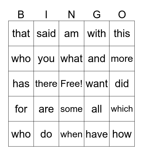 Sight Words Bingo Card