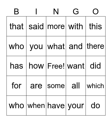 Sight Words Bingo Card
