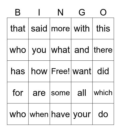 Sight Words Bingo Card