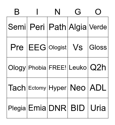 Medical Terminology Bingo Card