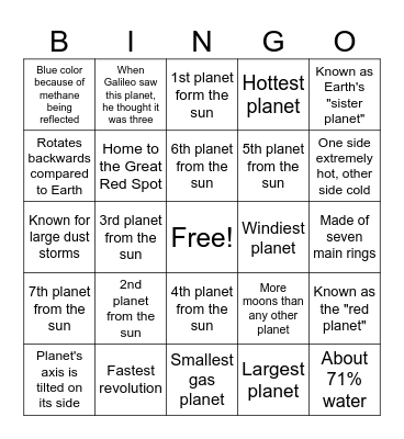 Solar System Exploration Bingo Card