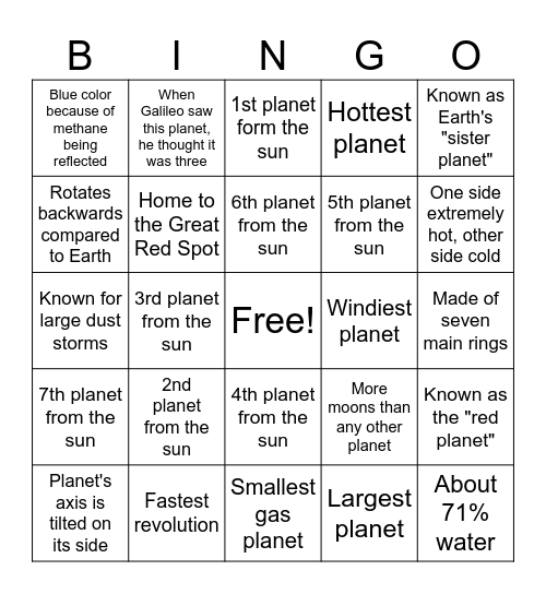 Solar System Exploration Bingo Card