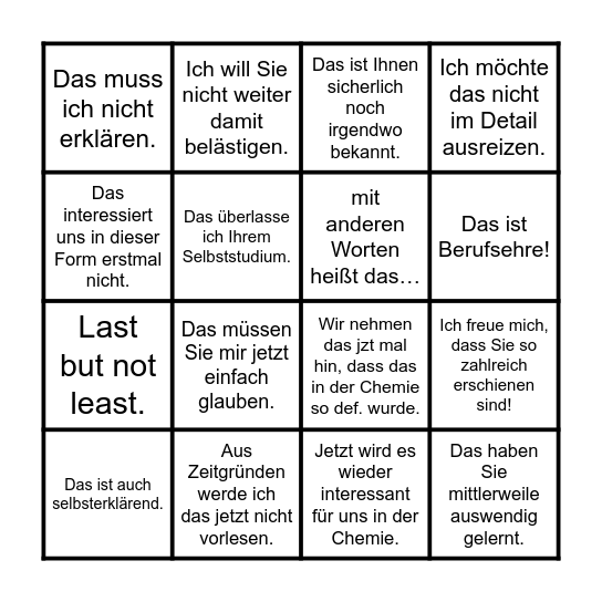 Chemievorlesung Bingo Card