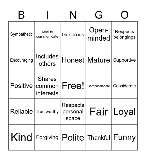 Positive Friendships Bingo Card