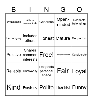 Positive Friendships Bingo Card