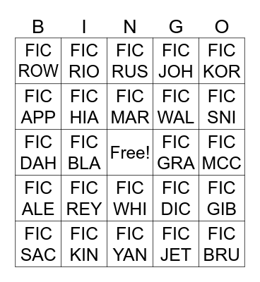 Call Number Bingo Card