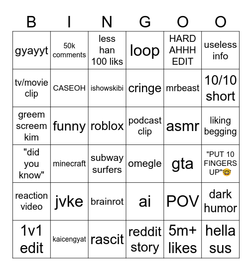 Youtube shorts bingo Card