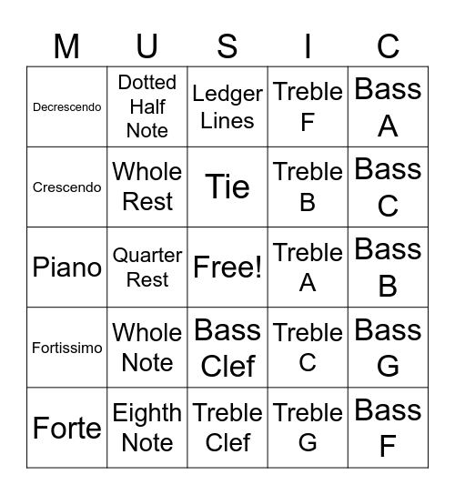 Beginning Music Theory Bingo Card