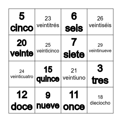 Los Números 1-30 Bingo Card