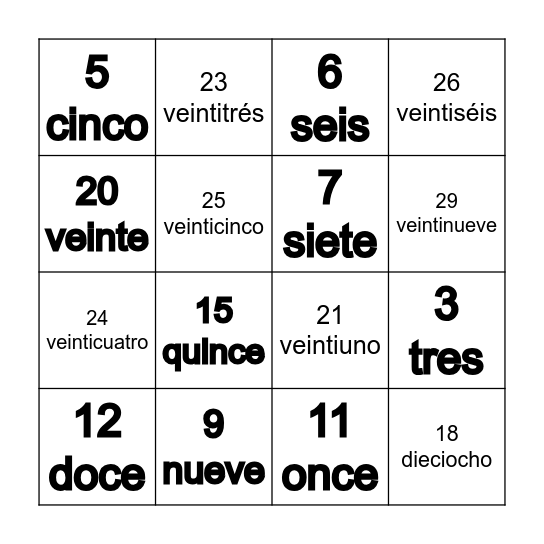 Los Números 1-30 Bingo Card
