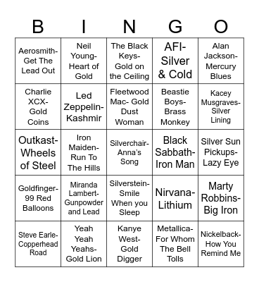 Radio Bingo "Metal" Music Bingo Card
